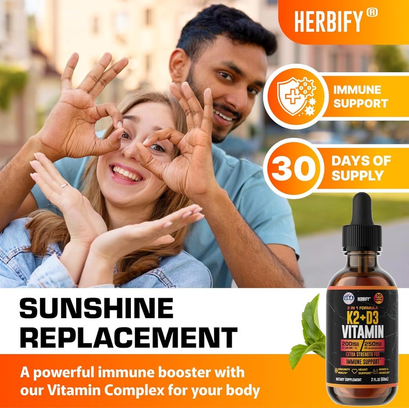 HERBIFY قطرات فيتامين د3 ك2  فيتامينات سائلة للنساء والرجال والمراهقين  مكملات تقوية العظام  فيتامينات د3 ك2 لدعم المناعة وصحة القلب  فيتامين د3 10000 وحدة دولية  2 أونصة - Image 2