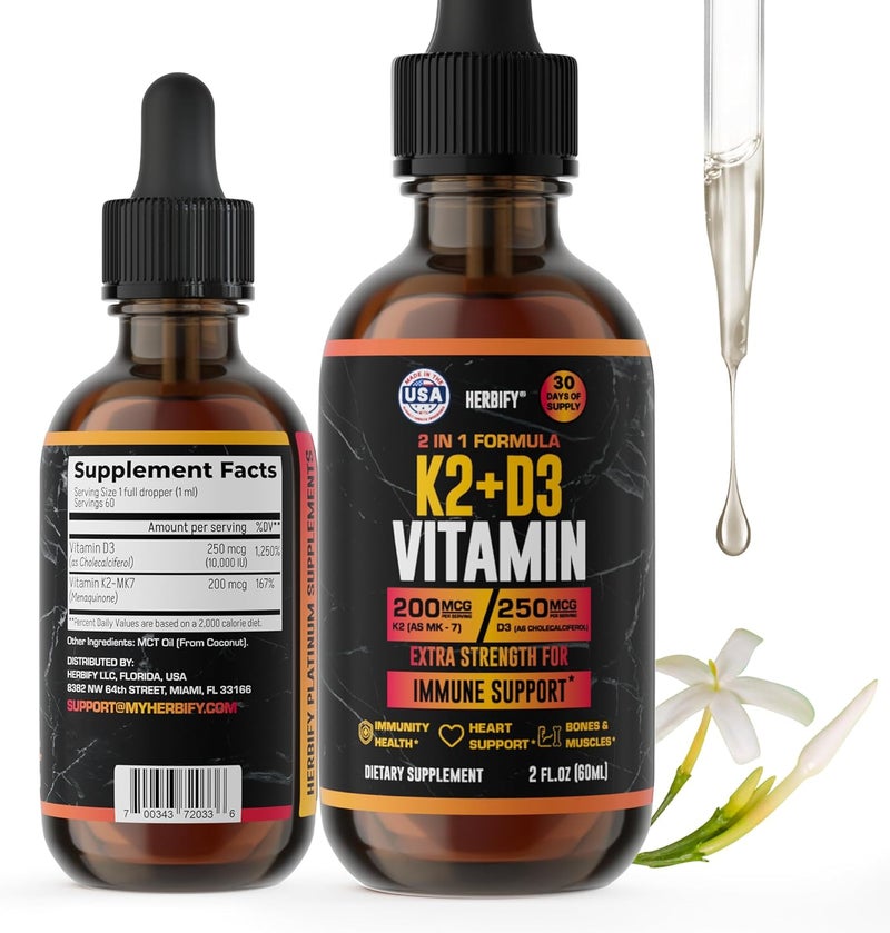 HERBIFY قطرات فيتامين د3 ك2  فيتامينات سائلة للنساء والرجال والمراهقين  مكملات تقوية العظام  فيتامينات د3 ك2 لدعم المناعة وصحة القلب  فيتامين د3 10000 وحدة دولية  2 أونصة - Image 1