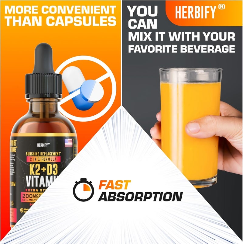 HERBIFY قطرات فيتامين د3 ك2  فيتامينات سائلة للنساء والرجال والمراهقين  مكملات تقوية العظام  فيتامينات د3 ك2 لدعم المناعة وصحة القلب  فيتامين د3 10000 وحدة دولية  2 أونصة - Image 5