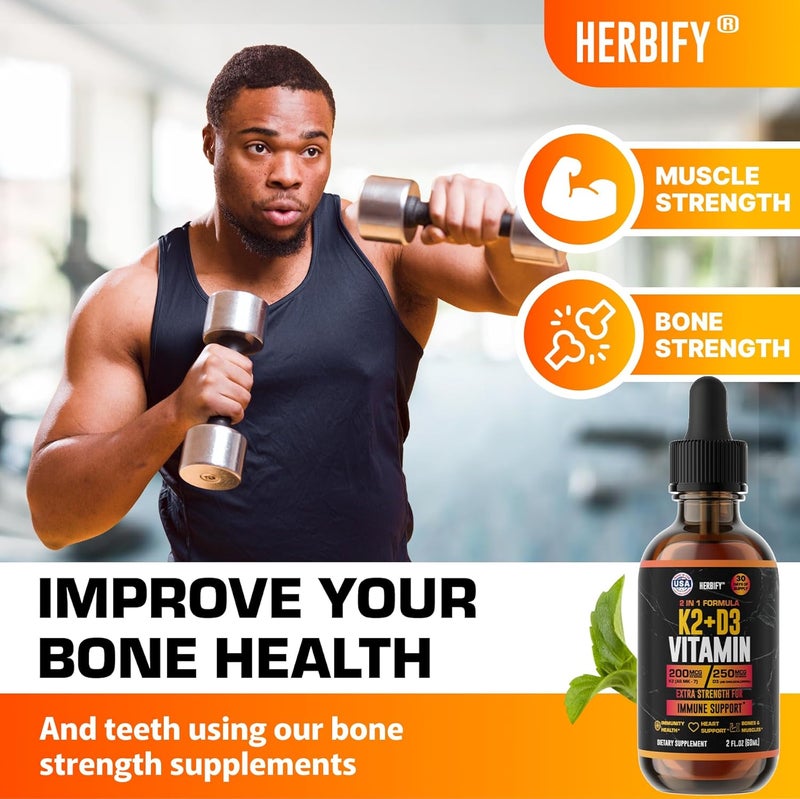 HERBIFY قطرات فيتامين د3 ك2  فيتامينات سائلة للنساء والرجال والمراهقين  مكملات تقوية العظام  فيتامينات د3 ك2 لدعم المناعة وصحة القلب  فيتامين د3 10000 وحدة دولية  2 أونصة - Image 3