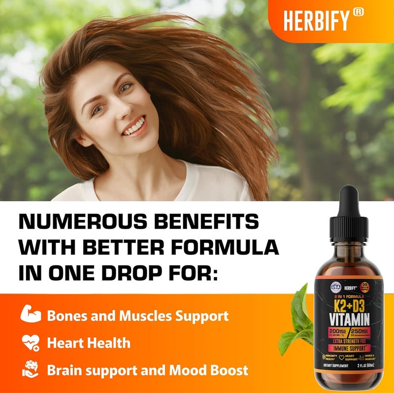 HERBIFY قطرات فيتامين د3 ك2  فيتامينات سائلة للنساء والرجال والمراهقين  مكملات تقوية العظام  فيتامينات د3 ك2 لدعم المناعة وصحة القلب  فيتامين د3 10000 وحدة دولية  2 أونصة - Image 4