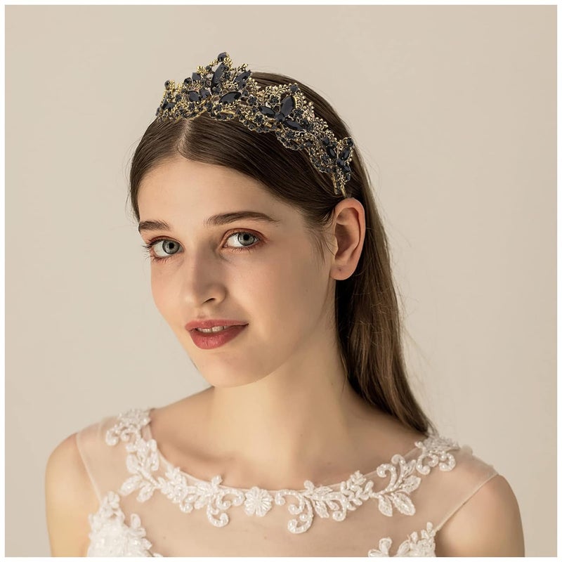 Exacoo Black Tiara for Women Gold Crown for Girls Wedding Princess Birthday Crystal Rhinestones Headbands for Prom Bridal Party Halloween Costume Christmas Gift - Image 3
