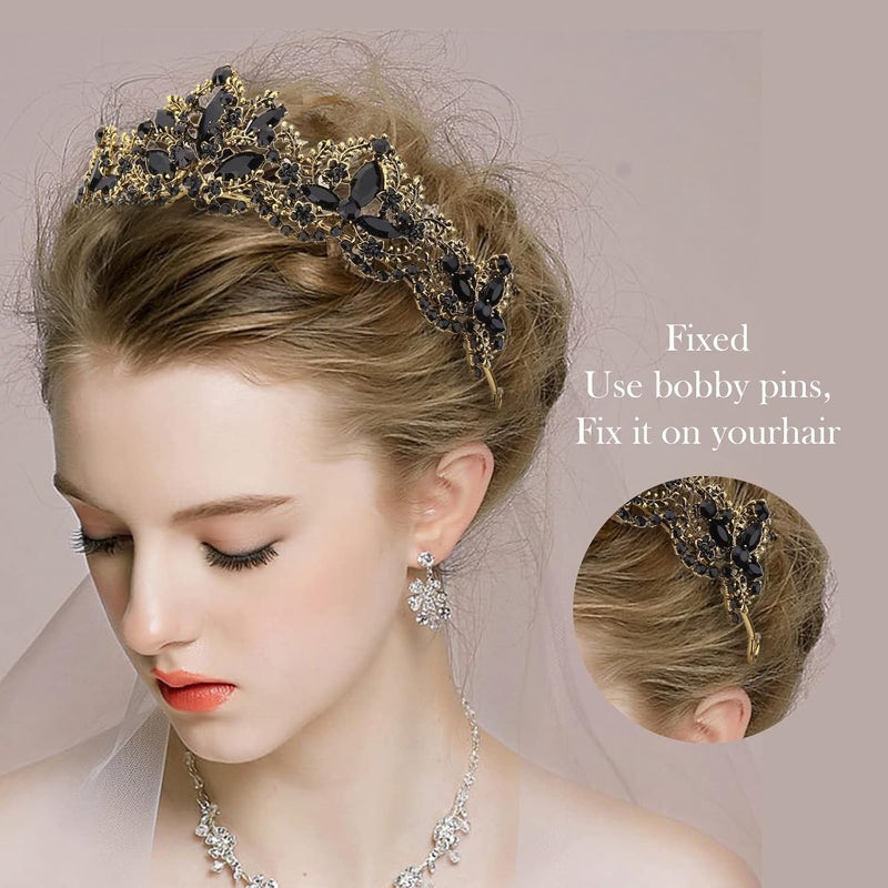 Exacoo Black Tiara for Women Gold Crown for Girls Wedding Princess Birthday Crystal Rhinestones Headbands for Prom Bridal Party Halloween Costume Christmas Gift - Image 2