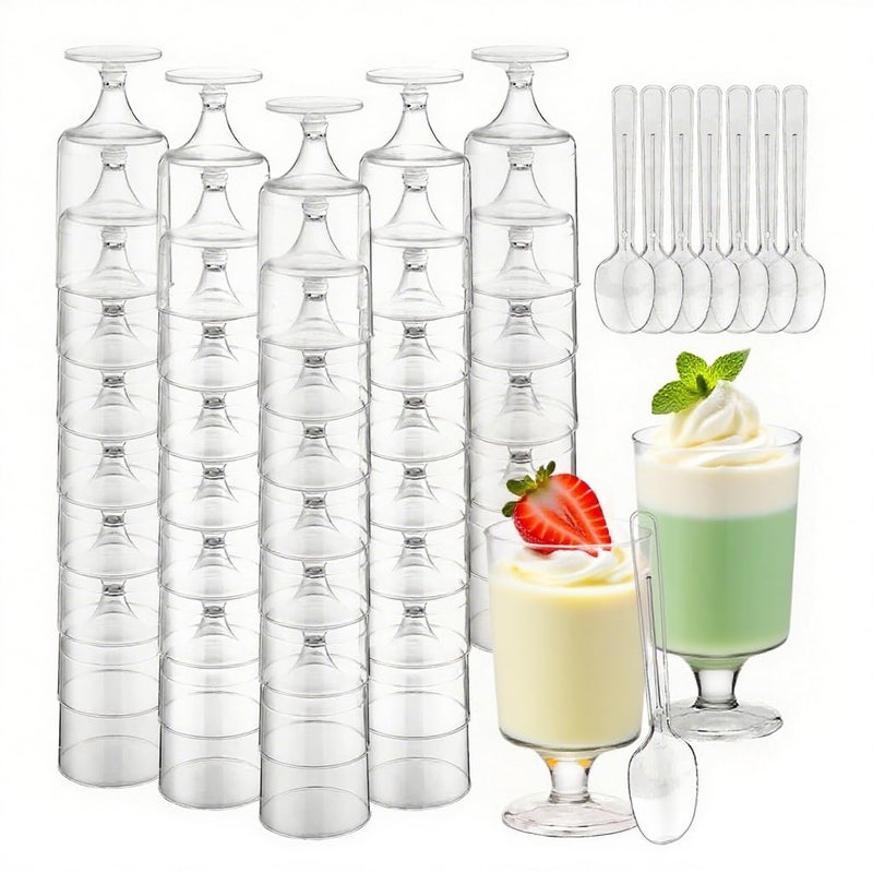 Slomg 100 Pack 2 oz Mini Plastic Dessert Cups with Spoons, Disposable Clear Goblet Pudding Parfait Jello Shooter Cups Party Serving Bowls, Small Square Tasting Cups for Fruit Trifle Ice Cream Yogurt - Image 1