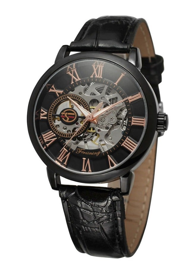 FORSINING ​​FORSINING Retro Men's Mechanical Watch - Black Stainless Steel Case with Skeleton Dial, Hand-Winding Mechanical Movement, Classic Vintage Style for Collectors & Special Occasions​​  - Image 1