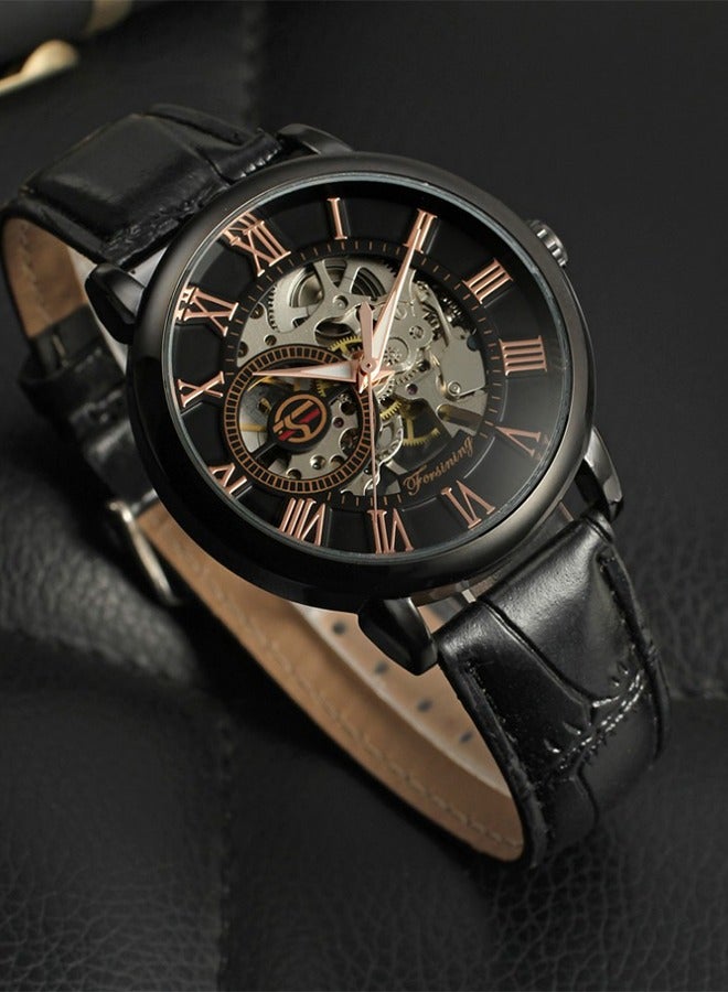 FORSINING ​​FORSINING Retro Men's Mechanical Watch - Black Stainless Steel Case with Skeleton Dial, Hand-Winding Mechanical Movement, Classic Vintage Style for Collectors & Special Occasions​​  - Image 3