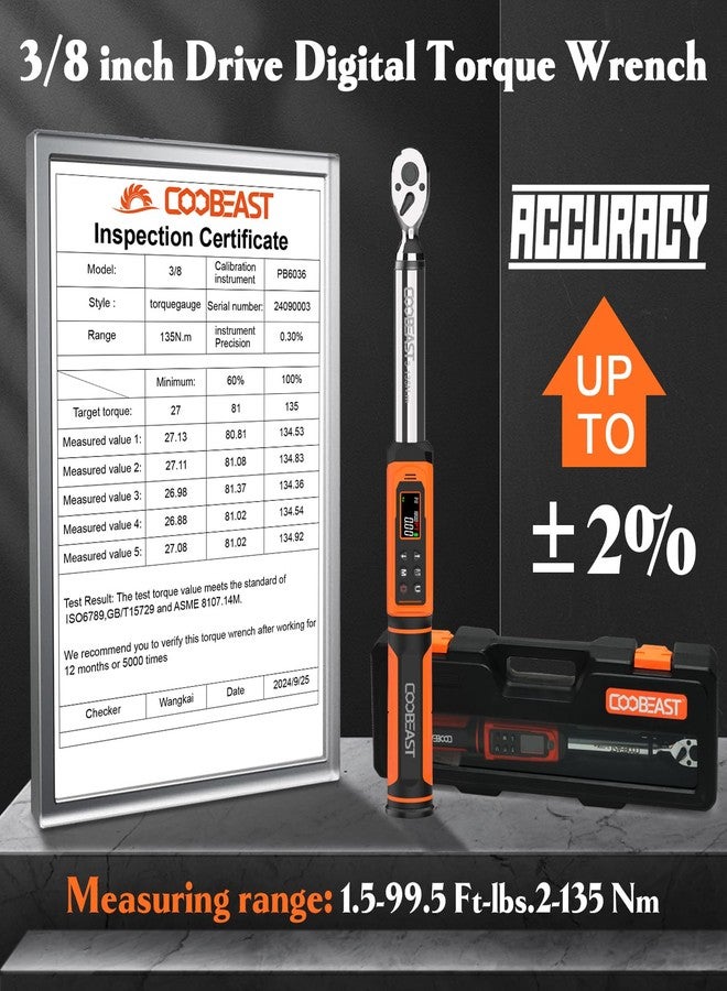 coobeast Digital Torque Wrench, 3/8 Drive Electronic Torque Wrench with Preset Value(1.5-99.5 Ft-lbs./2-135Nm), Buzzer and LED Flash Five Units of Measure Torque Wrench for Bike Motorcycle Car - Image 3
