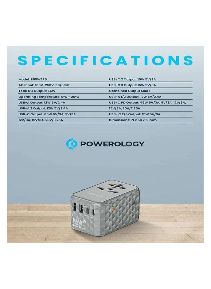Universal Travel Adapter Multi-Port 65W, 3X Type-C/2X USB-A Ports, Fast Charging , Quick Charging, Secure to Use, Anti Heating, Latest Technology - Grey - Image 3