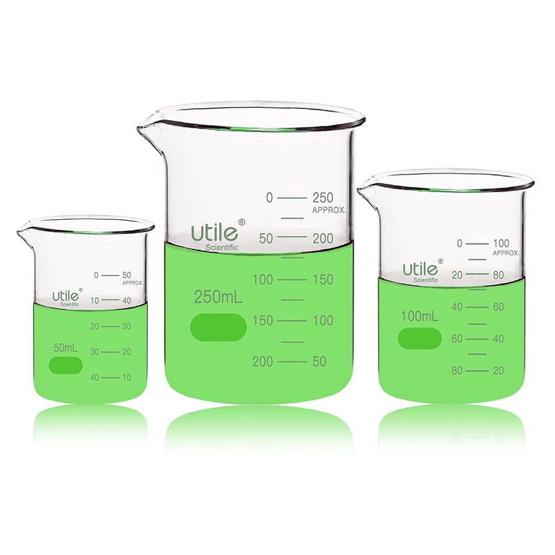 UTILE Beaker Set, Low Form Glass Beakers, 3 Sizes of Vol.50ml 100ml 250ml, 3.3 Borosilicate Glass with Double Scale Printed Graduation, 4099.0004.1 - Image 1