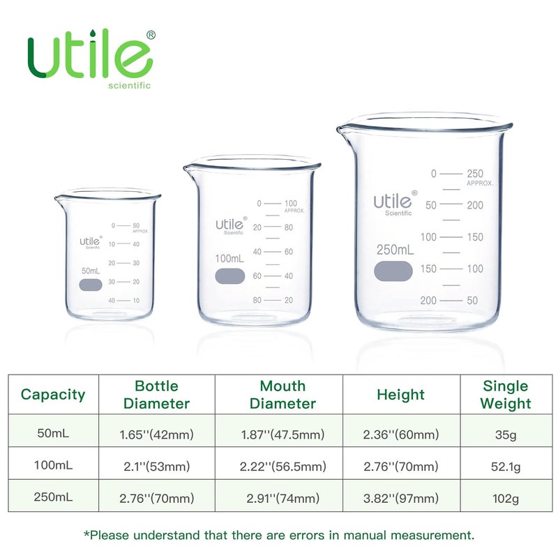 UTILE Beaker Set, Low Form Glass Beakers, 3 Sizes of Vol.50ml 100ml 250ml, 3.3 Borosilicate Glass with Double Scale Printed Graduation, 4099.0004.1 - Image 4