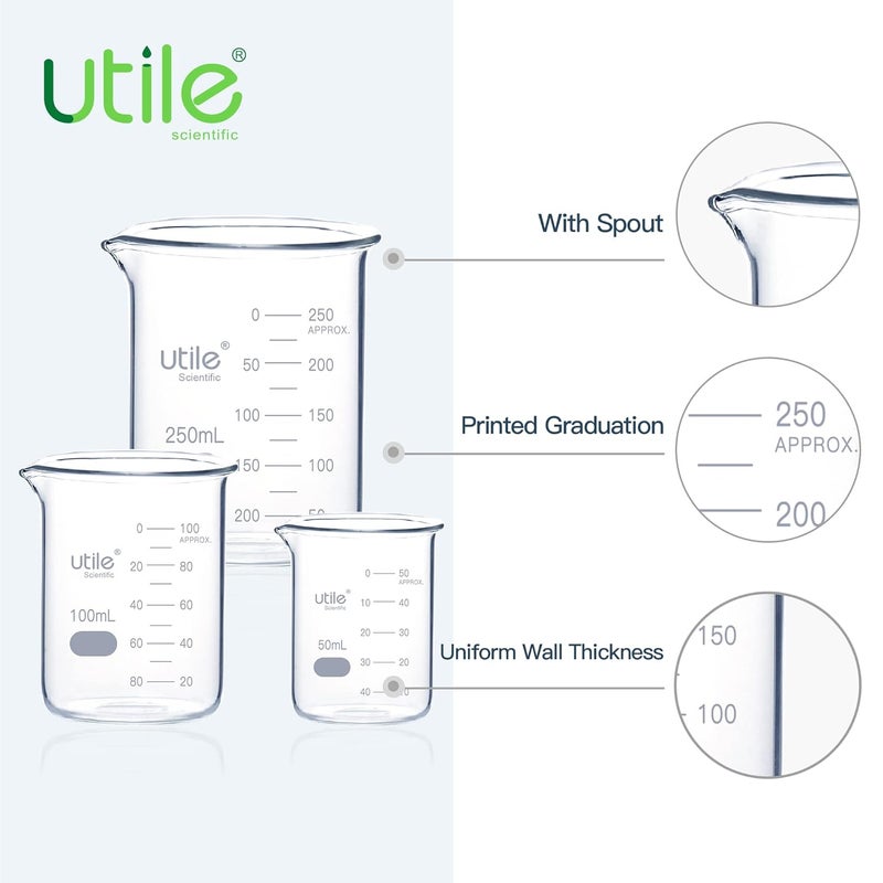 UTILE Beaker Set, Low Form Glass Beakers, 3 Sizes of Vol.50ml 100ml 250ml, 3.3 Borosilicate Glass with Double Scale Printed Graduation, 4099.0004.1 - Image 3