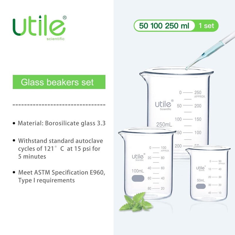 UTILE Beaker Set, Low Form Glass Beakers, 3 Sizes of Vol.50ml 100ml 250ml, 3.3 Borosilicate Glass with Double Scale Printed Graduation, 4099.0004.1 - Image 2