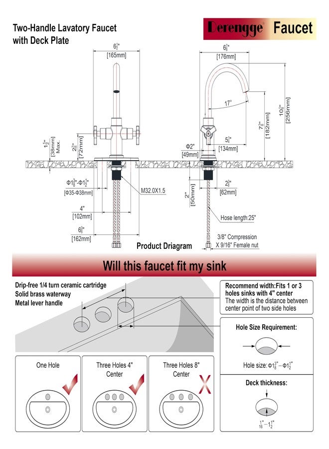 Derengge Brushed Gold Bathroom Faucet,Two-Handle Bathroom Sink Faucet Water Supply Line,Single Hole Lavatory Vantity Faucet,F-0081-CS - Image 2