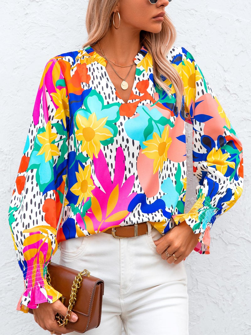 MASCOMODA Womens V Neck Floral Long Sleeve Tops 2026 Summer Casual Loose Puff Sleeve Chiffon Boho Work Blouse Dressy T Shirts(Multicolored Flower,X-Large) - Image 3