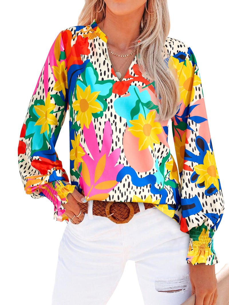 MASCOMODA Womens V Neck Floral Long Sleeve Tops 2026 Summer Casual Loose Puff Sleeve Chiffon Boho Work Blouse Dressy T Shirts(Multicolored Flower,X-Large) - Image 1