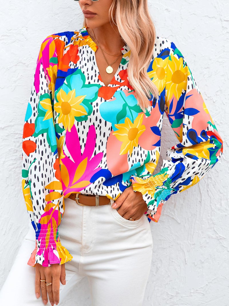 MASCOMODA Womens V Neck Floral Long Sleeve Tops 2026 Summer Casual Loose Puff Sleeve Chiffon Boho Work Blouse Dressy T Shirts(Multicolored Flower,X-Large) - Image 5