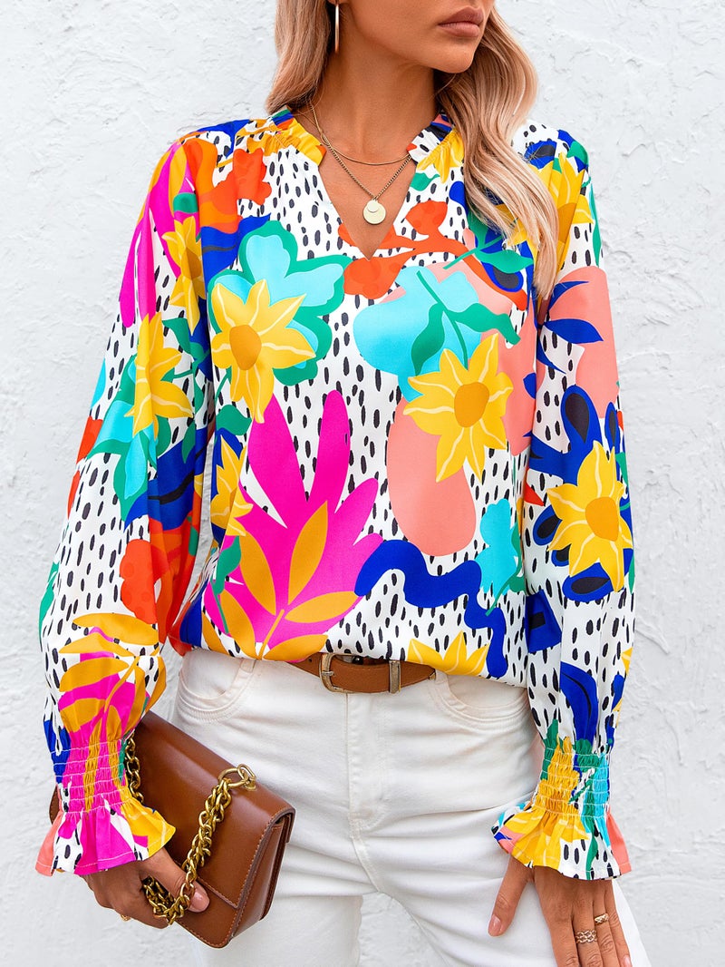 MASCOMODA Womens V Neck Floral Long Sleeve Tops 2026 Summer Casual Loose Puff Sleeve Chiffon Boho Work Blouse Dressy T Shirts(Multicolored Flower,X-Large) - Image 2
