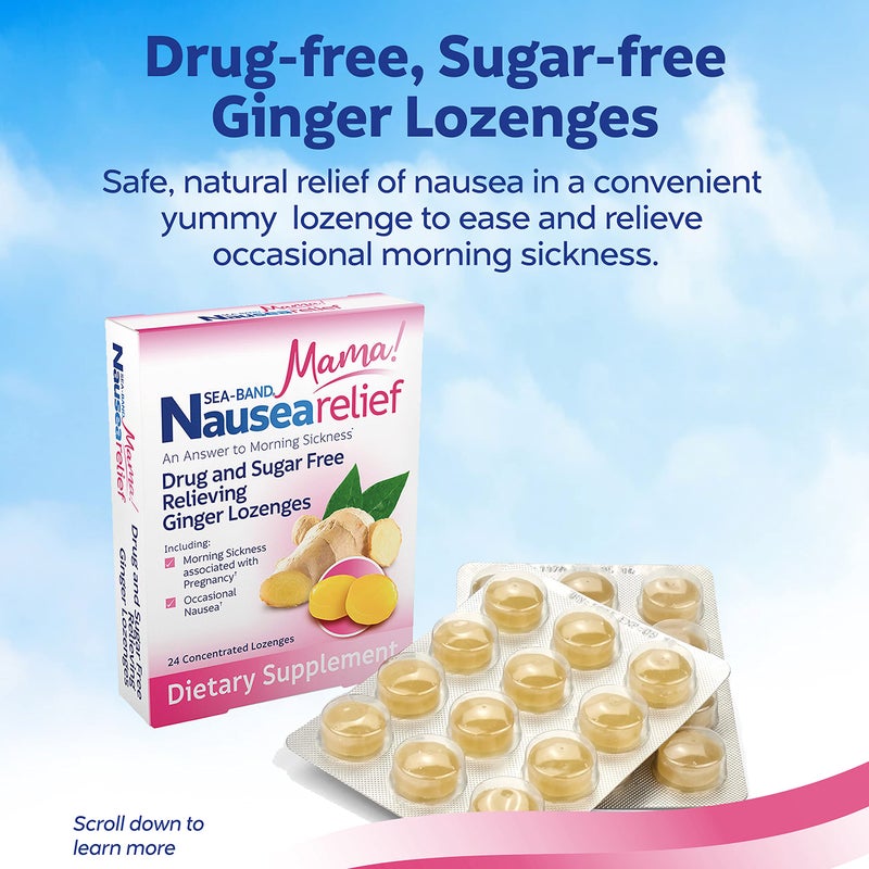 Sea-Band مجموعة Sea-Band Mama للحمل التي تتضمن: 1 زوج من أساور الحمل المضادة للغثيان، حلوى الزنجبيل لتخفيف الغثيان بدون أدوية، وروليت مهدئ للعلاج العطري مع الزيوت الأساسية. - Image 5