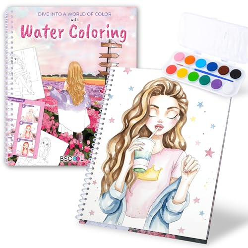 BSCOOL Water Coloring Book for Beginners Painting Kits for Kids Ages 5 and up Watercolor Book with 12 Paint Palettes 1 Brush and Guides Fashion Painting for Girls with 15 PreDrawn Models - Image 1