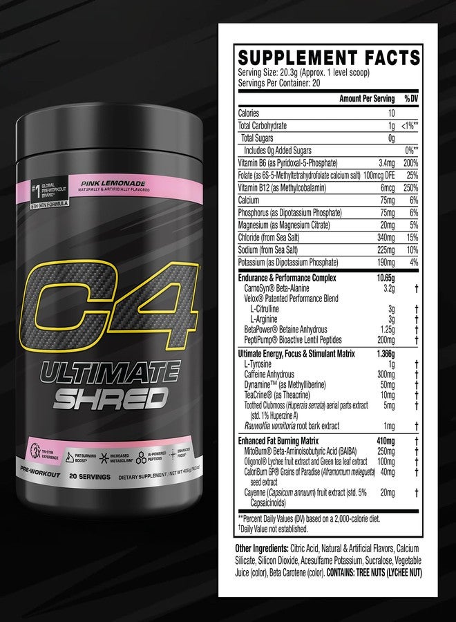 C4 Cellucor C4 Ultimate Shred Pre Workout Powder, Metabolism Supplement with Cayenne Extract+300mg Caffeine+TeaCrine+Dynamine - Pink Lemonade, 20 Servings - Image 3