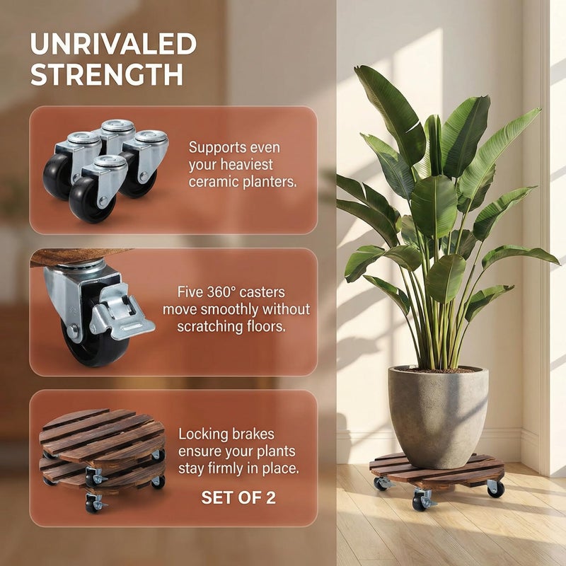 Meridian 2‑Pack 12‑Inch Rolling Plant Stands – Natural Finish - CT - Image 4