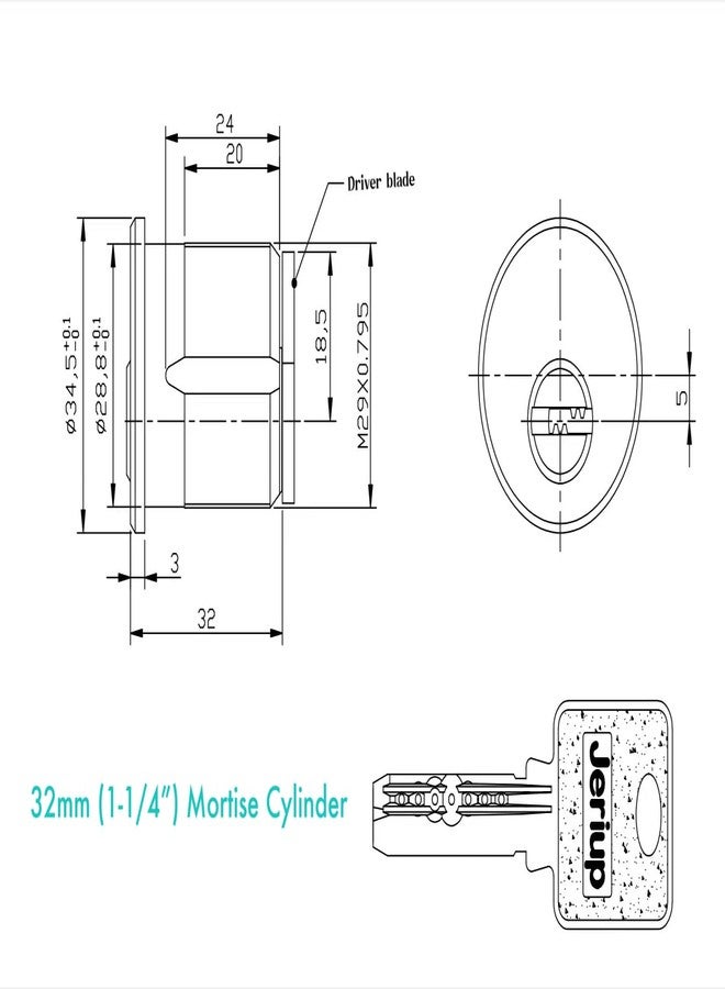 Jeriup Mortise Lock Cylinder,1-1/4"(Overall Length: 32mm), Satin Brass, Copper (Brass) Cylinder, Lock core, dimple Keyway, Standard Outdoor & Indoor Use, Door Replacement Cylinder Lock with 5 Keys - Image 3