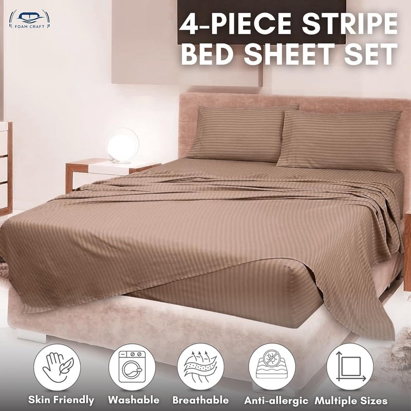 FOAM CRAFT 4-Piece Stripe Bed Sheet Set - Brown, Full Size - Image 3
