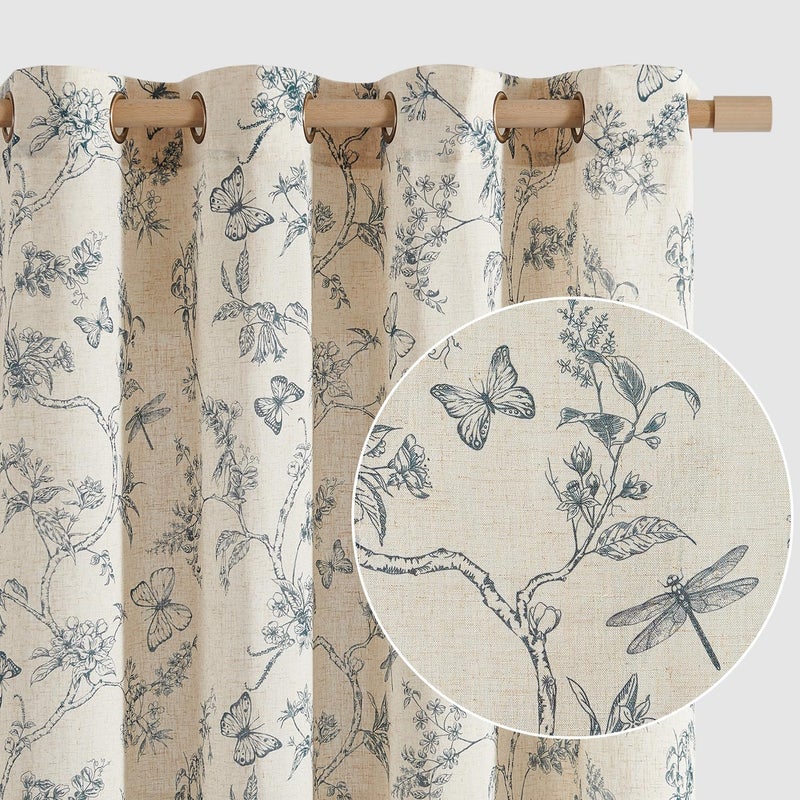 Lazzzy Linen Floral Farmhouse Curtains Blue Curtains 90 Inch Length Drapes for Living Room Bedroom Pattern Light Filtering Country Vintage Curtain Grommet Top, 2 Panels, Blue on Beige - Image 1