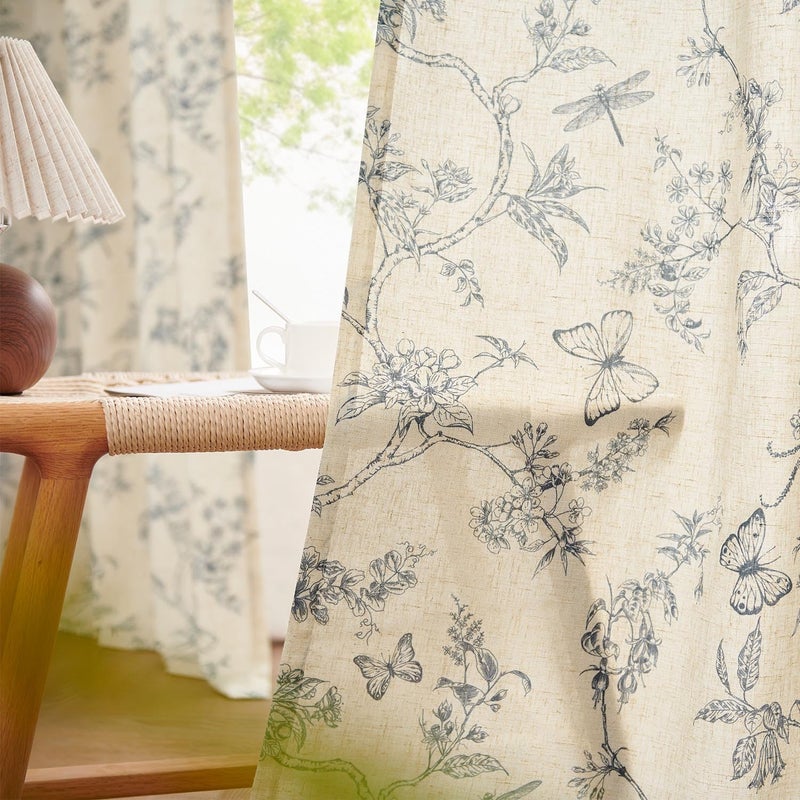 Lazzzy Linen Floral Farmhouse Curtains Blue Curtains 90 Inch Length Drapes for Living Room Bedroom Pattern Light Filtering Country Vintage Curtain Grommet Top, 2 Panels, Blue on Beige - Image 4