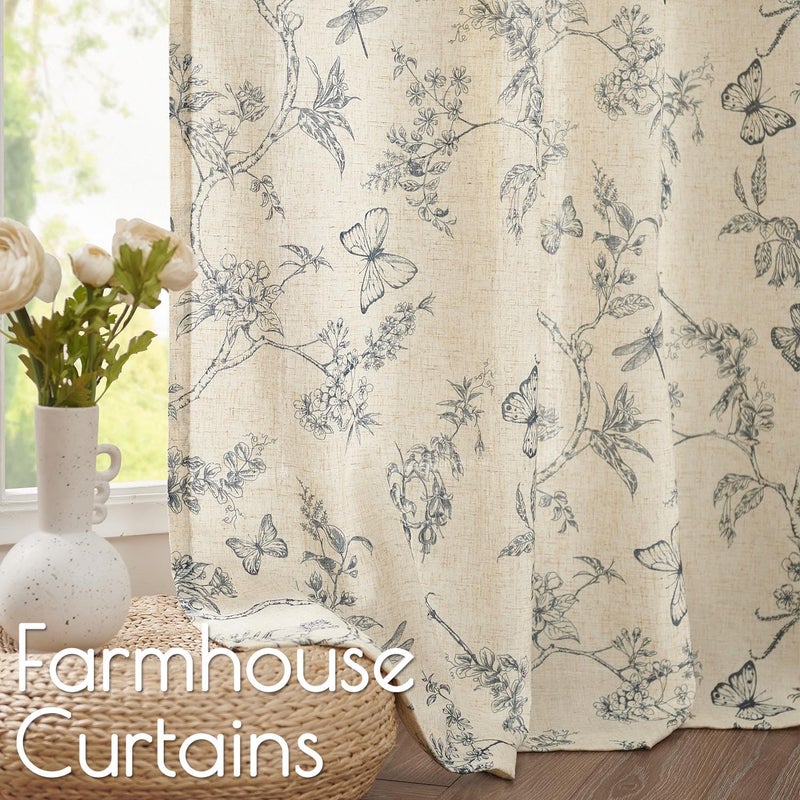 Lazzzy Linen Floral Farmhouse Curtains Blue Curtains 90 Inch Length Drapes for Living Room Bedroom Pattern Light Filtering Country Vintage Curtain Grommet Top, 2 Panels, Blue on Beige - Image 3