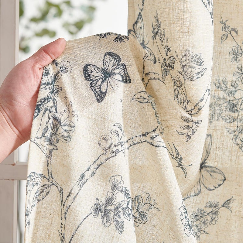 Lazzzy Linen Floral Farmhouse Curtains Blue Curtains 90 Inch Length Drapes for Living Room Bedroom Pattern Light Filtering Country Vintage Curtain Grommet Top, 2 Panels, Blue on Beige - Image 5