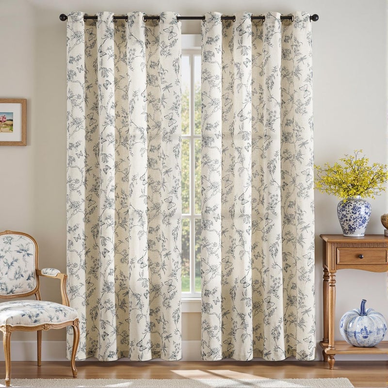 Lazzzy Linen Floral Farmhouse Curtains Blue Curtains 90 Inch Length Drapes for Living Room Bedroom Pattern Light Filtering Country Vintage Curtain Grommet Top, 2 Panels, Blue on Beige - Image 2