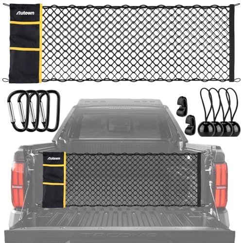 AUTOWN Truck Bed Cargo Net, Envelope Bed Netting for 2013-2025 GMC Sierra & Chevy Silverado, Pickup Truck Bed Organizer with 5mm Bungee & Integrated Storage Bag & Bungee Balls & Carabiners - 18" x 50" - Image 1