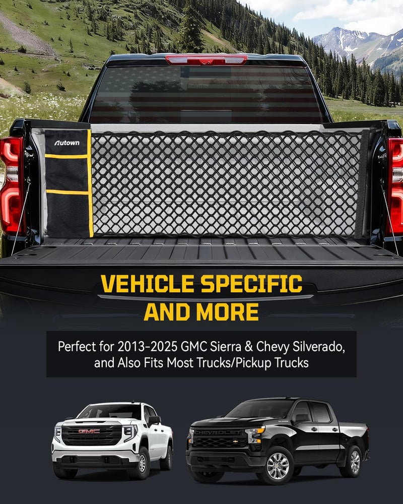 AUTOWN Truck Bed Cargo Net, Envelope Bed Netting for 2013-2025 GMC Sierra & Chevy Silverado, Pickup Truck Bed Organizer with 5mm Bungee & Integrated Storage Bag & Bungee Balls & Carabiners - 18" x 50" - Image 3