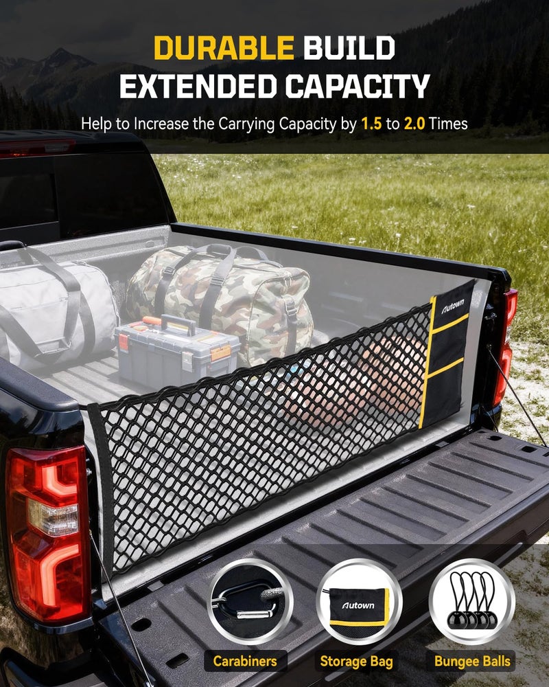 AUTOWN Truck Bed Cargo Net, Envelope Bed Netting for 2013-2025 GMC Sierra & Chevy Silverado, Pickup Truck Bed Organizer with 5mm Bungee & Integrated Storage Bag & Bungee Balls & Carabiners - 18" x 50" - Image 2