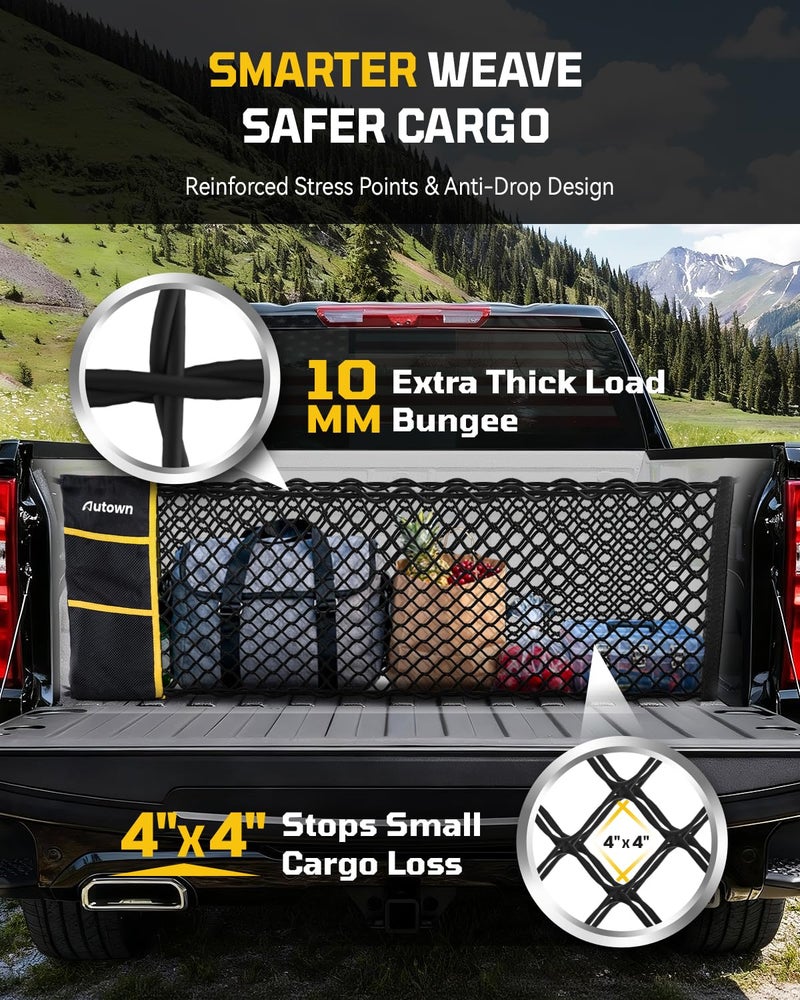 AUTOWN Truck Bed Cargo Net, Envelope Bed Netting for 2013-2025 GMC Sierra & Chevy Silverado, Pickup Truck Bed Organizer with 5mm Bungee & Integrated Storage Bag & Bungee Balls & Carabiners - 18" x 50" - Image 4