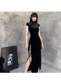 1 x 5 pcs Vintage Chinese Velvet Qipao Long Dress Split Black