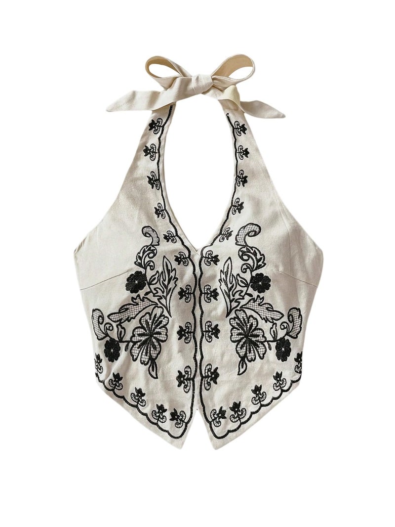 OYOANGLE Women's Floral Boho Summer Halter Crop Tops Embroidery Vacation Tank Top Tie Backless Vintage Going Out Tops Khaki Small - Image 1