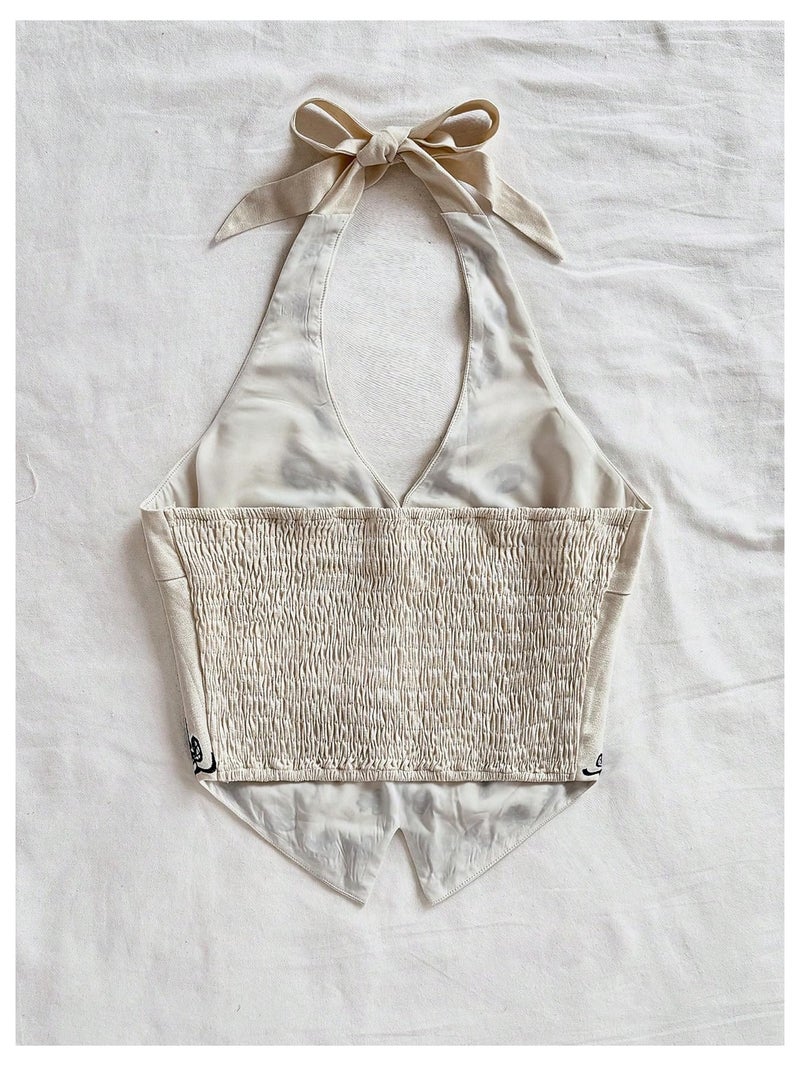 OYOANGLE Women's Floral Boho Summer Halter Crop Tops Embroidery Vacation Tank Top Tie Backless Vintage Going Out Tops Khaki Small - Image 3