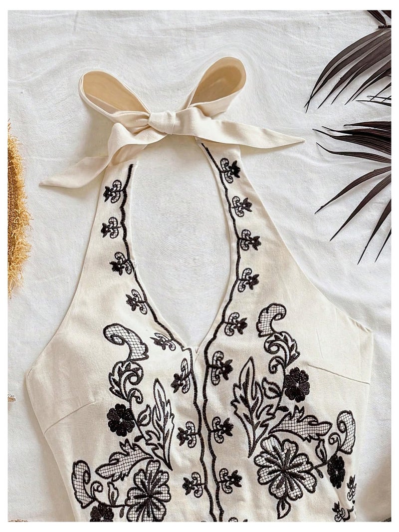 OYOANGLE Women's Floral Boho Summer Halter Crop Tops Embroidery Vacation Tank Top Tie Backless Vintage Going Out Tops Khaki Small - Image 4