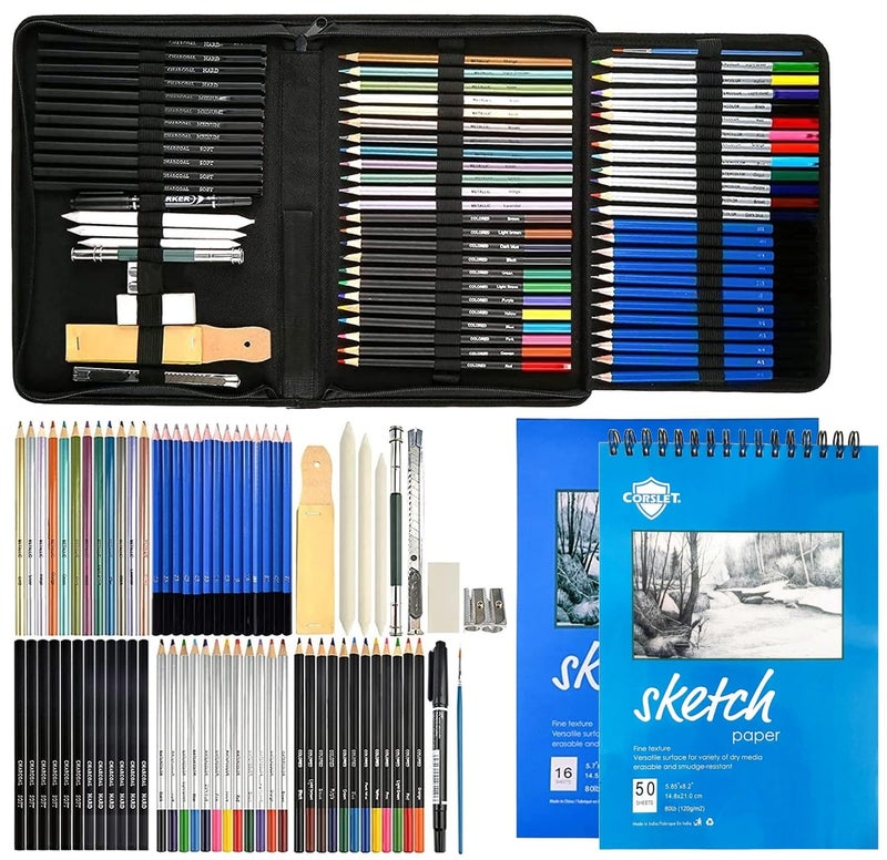 Corslet 74 Pc Drawing Pencils for Sketching Professional Art Supplies Sketch Pencil Set and 16 50 Sheets A5 Sketch Book Graphite Charcoal Watercolor Metallic Colour Pencils for Artist with Carry Bag