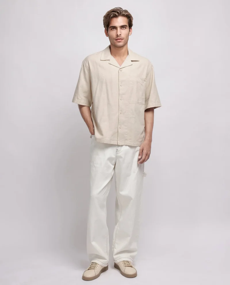 Rare Rabbit Rare Rabbit Men's Koba Beige Cotton Fabric Short Sleeve Cuban Neck Button Closure Plain Shirt