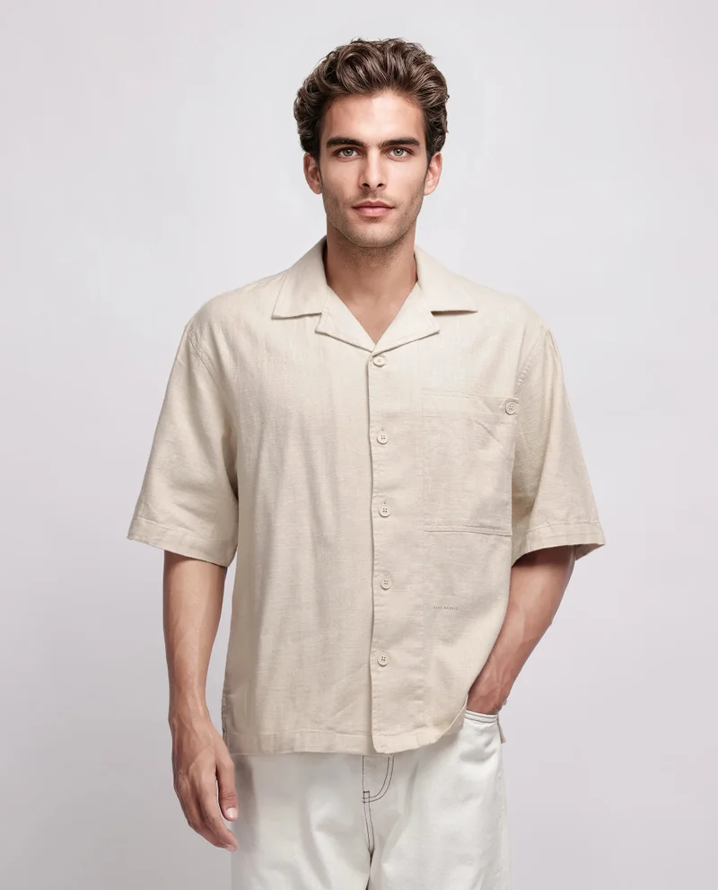 Rare Rabbit Rare Rabbit Men's Koba Beige Cotton Fabric Short Sleeve Cuban Neck Button Closure Plain Shirt