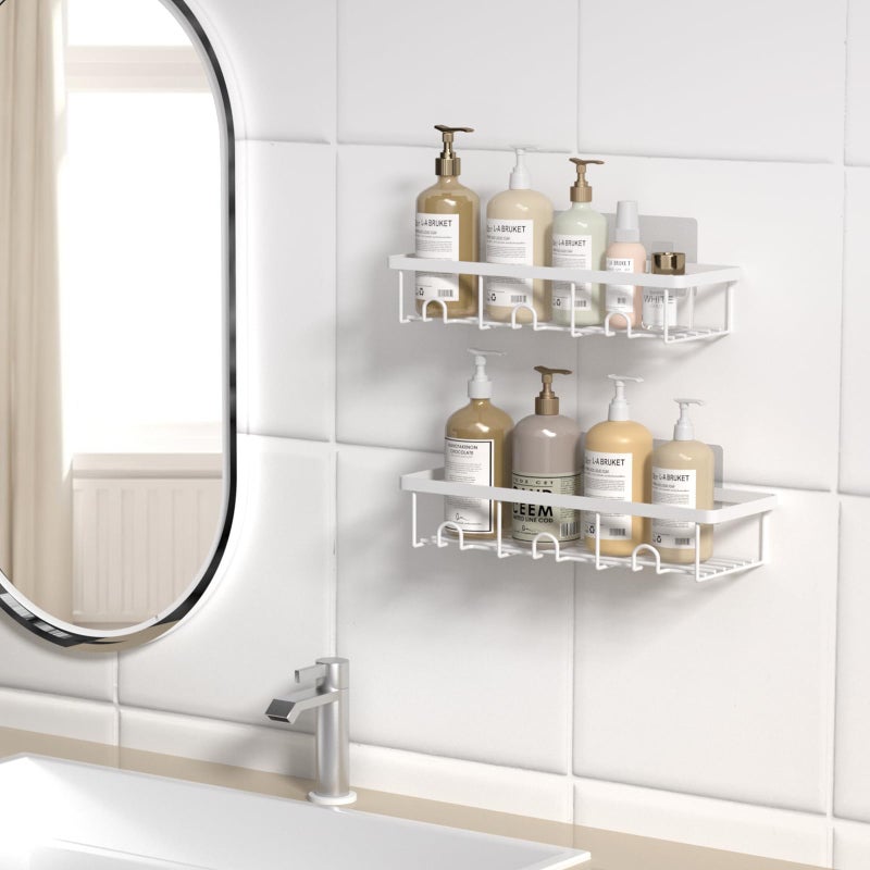 Oasiteege White Shower Caddy Organizer, 2 Pack Adhesive Shampoo Holder Basket Shelves for Storage and Organization, Wall Suction Bath Bathtub Rack Set for RV Camper, Bathroom Restroom Decor and Accessories - Image 5