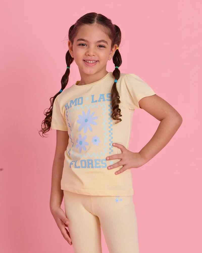 Redtag Girls Yellow Glitter Printed T-Shirt