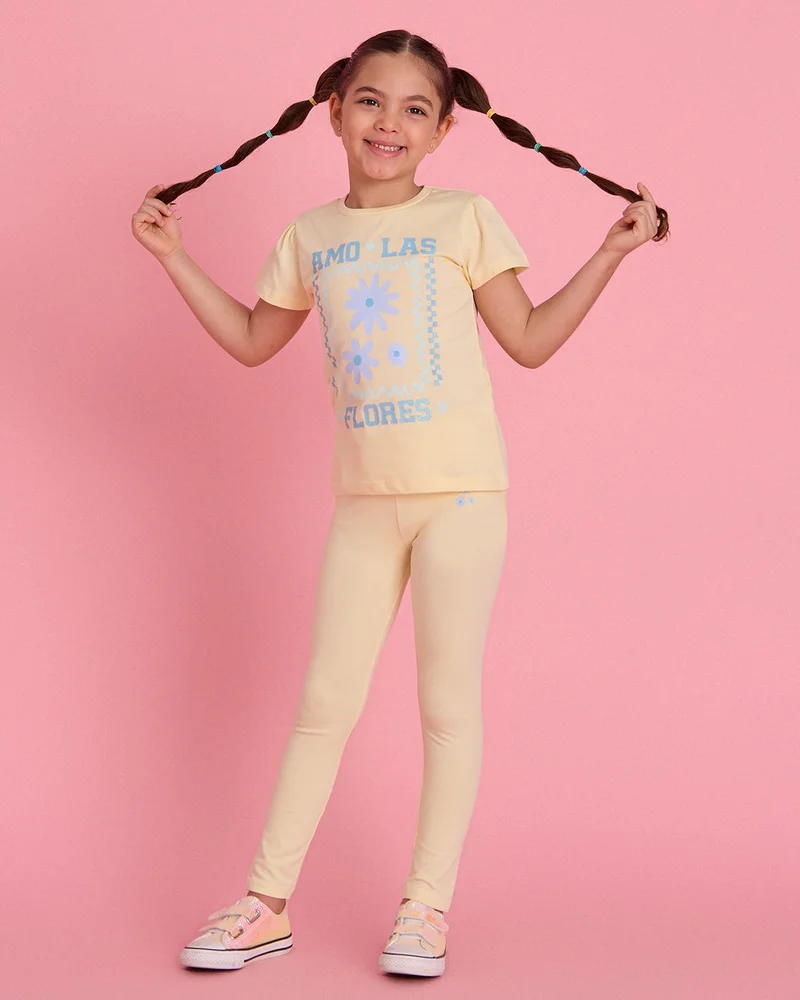 Redtag Girls Yellow Glitter Printed T-Shirt