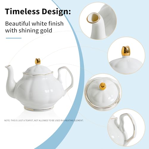 PRECITIME 27oz White Porcelain Teapot with Gold Trim, Classic Ceramic Teapot for Loose Leaf Tea & Tea Bags, Elegant Small Teapots for Daily Use or Gifts - Image 3