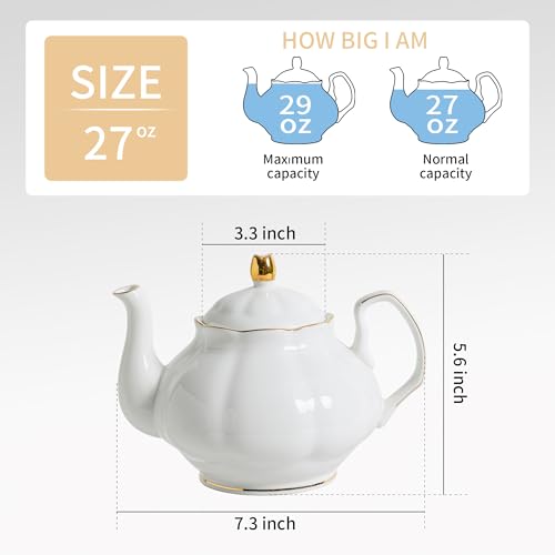 PRECITIME 27oz White Porcelain Teapot with Gold Trim, Classic Ceramic Teapot for Loose Leaf Tea & Tea Bags, Elegant Small Teapots for Daily Use or Gifts - Image 2