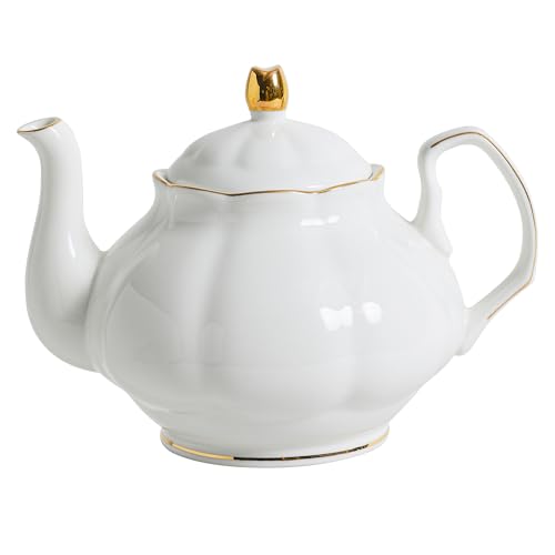 PRECITIME 27oz White Porcelain Teapot with Gold Trim, Classic Ceramic Teapot for Loose Leaf Tea & Tea Bags, Elegant Small Teapots for Daily Use or Gifts - Image 1