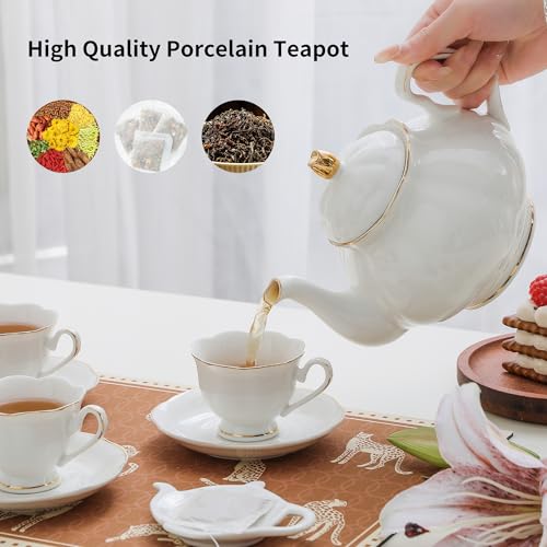 PRECITIME 27oz White Porcelain Teapot with Gold Trim, Classic Ceramic Teapot for Loose Leaf Tea & Tea Bags, Elegant Small Teapots for Daily Use or Gifts - Image 4